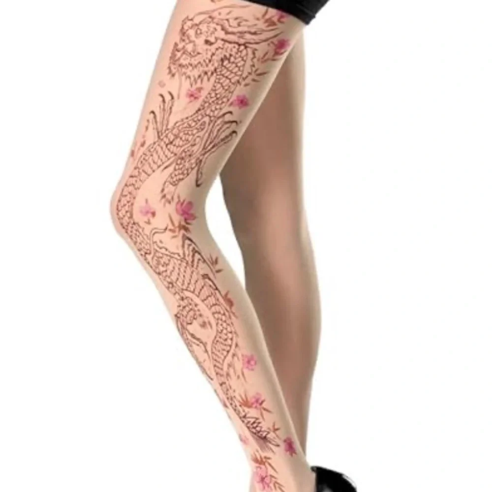 Disguise Dragon Patterned Pantyhose Nude Faux Tattoo Tights Sheer OSFM New
